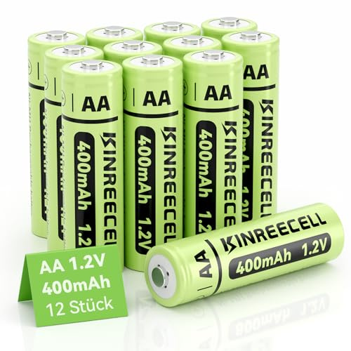KINREECELL Wiederaufladbare AA-Batterien, NI-MH-Doppel-A-Solarbatterien mit Reale Kapazität, 1.2 V vorgeladen für Solarleuchten, Lichterketten, Solar-Wegeleuchten (AA-400mAh, 12 Stück)