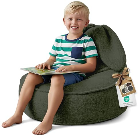 DreamRoots Sitzsack Kinder Bouclé, Hase Form, Kindersessel, Dunkelgrün | 315 g/m², OEKO-TEX, mit Schaumstoffflocken, Sessel Kinderzimmer, Waschbarer Bezug
