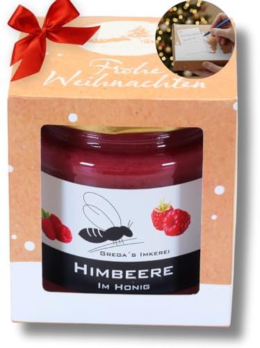 Honigsüßes 1er Geschenkset von Grega’s Imkerei Weihnachts-Geschenk mit 250 g Glas mit Karton „Frohe Weihnachten“ inklusive Grußfeld, Geschenk direkt vom Imker (Himbeere im Honig 250g)