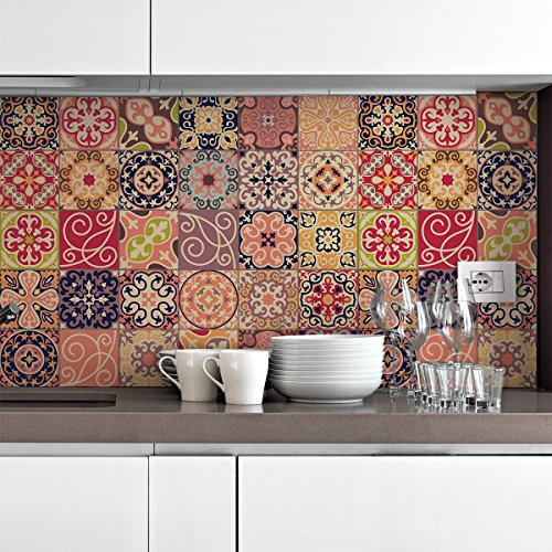 30 Stickers adhésifs carrelages | Sticker Autocollant Carreaux de ciment - Mosaïque carrelage mural salle de bain et cuisine | Carreaux de ciment adhésif mural - azulejos - 15 x 15 cm - 30 pièces | Crédence adhésive pour cuisine, anti-rayure, ciment, carreaux adhésif cuisine, carrelage adhésif mural salle de bain, zellige