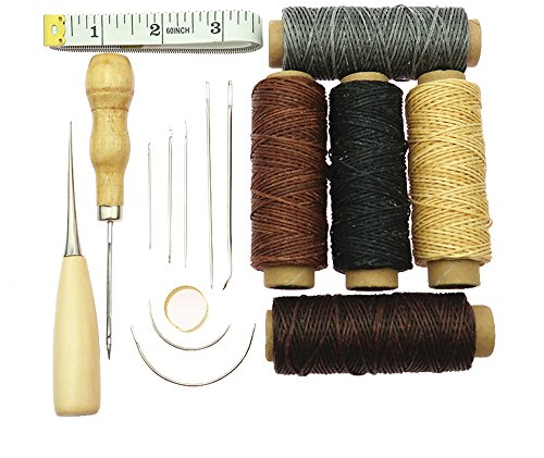ele Eleoption 16 Stück Handnähnadeln mit Ahle zum Bohren, gewachstes Garn aus Leder und Fingerhut, für Lederreparatur.