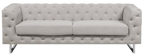 Beliani Canapé Fixe 3 Places Style Chesterfield Capitonnés en Tissu Beige avec Pieds en Acier INOX Top Tendance pour Salon Chic et Glamour