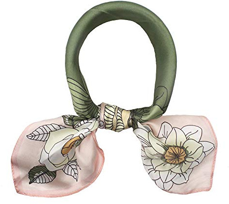 ANDANTINO 100% Pure Mulberry Silk Small Square Scarf -21'' x 21''- Breathable Lightweight Neckerchief -Digital Printed Headscarf (Pink & Green Flowers)