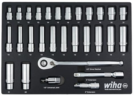 Wiha 33895 29-teiliges Steckschlüssel-Set mit 1,27 cm (1/2 Zoll) Antrieb, professionelle Standard- und tiefe Steckschlüssel-Einsätze, metrisch | Standard und tief