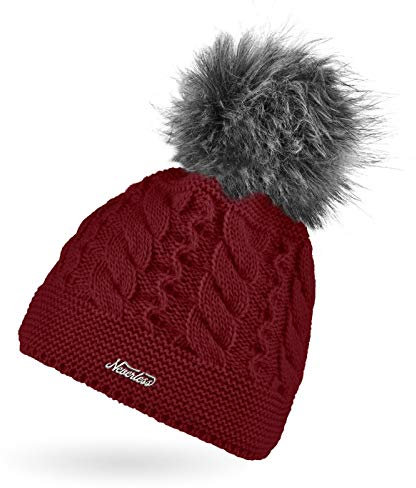 Neverless® Damen Strick-Mütze mit Zopfmuster gefüttert mit Fleece Pelzbommel Kunstfell Winter-Mütze Bommelmütze Bordeaux