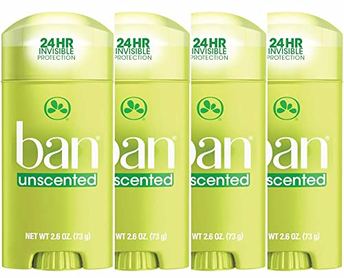 Ban Invisible Solid Antiperspirant Deodorant for Women and Men, 24-Hour Underarm Odor & Sweat Protection, Unscented, 2.6 Oz, Pack of 4