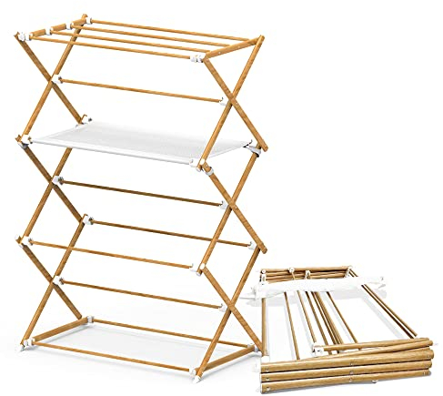 VOUNOT Ausziehbarer Wäscheständer Klein, Klappbarer Turmwäscheständer, Platzsparender Standtrockner mit 3 Ebenen, Holz Imitiert