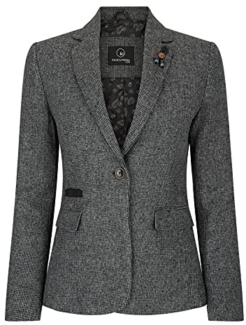 TruClothing Women Blazer Tweed Herringbone Wool Classic Smart Casual Vintage Check 1920s - Grey 01 16
