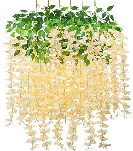 SMALUCK Artificial Wisteria Flowers Vine Fake Wisteria Garland Hanging Flowers for Wedding Garden Home Party Decorations, Champagne
