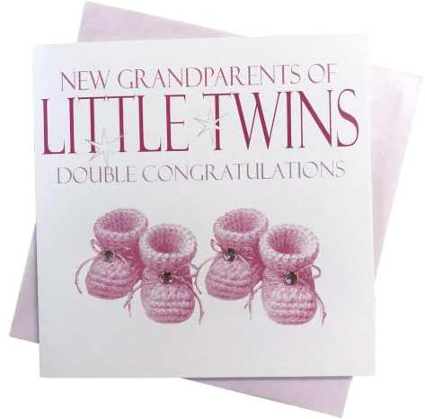 WHITE COTTON CARDS Großeltern-Baby-Karte, Zwillinge, doppelte Glückwünsche, rosa Stiefelchen, handgefertigt N225-G