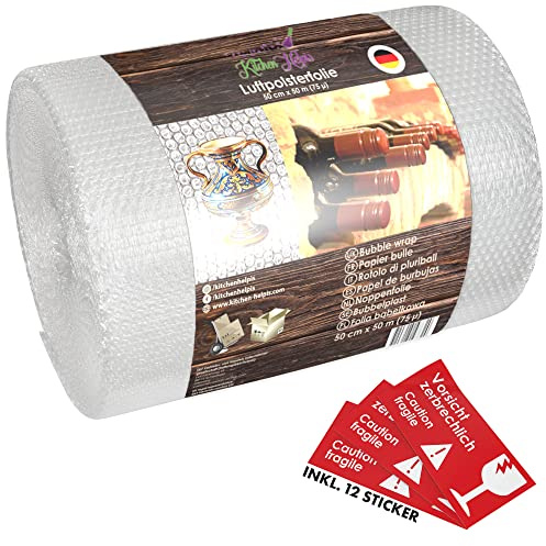 Kitchen Helpis® Strapazierfähige Luftpolsterfolie 50 m x 50 cm, Verpackungsfolie (echte 75 µ stark/ 3-lagig), Luftpolster schützen zerbrechliche Gegenstände, Bubble Wrap reißfest, Polsterfolie