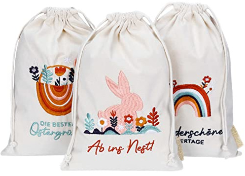 Papierdrachen 3 Leinensäckchen mit Bestickung - Osterverpackung Geschenkverpackung Tischdeko - Stoffsäckchen zu Ostern - Boho - 20x30 cm - Set 5