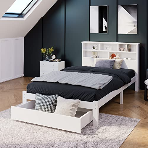 Massivholzbett inkl. Schublade und Lattenrost, 90x200 cm, Einzelbett aus Holz, Kopfteil mit Regal, Jugendbett, Kinderbett
