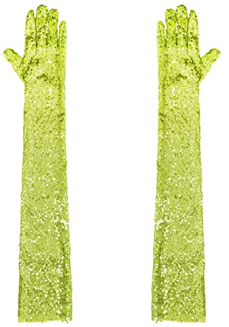 TiaoBug Damen Glänzend Pailletten Handschuhe Vollfinger Festlich Lange Abendhandschuhe Braut Armstulpen Party Hochzeit Fäustlinge Gelb Grün Einheitsgröße