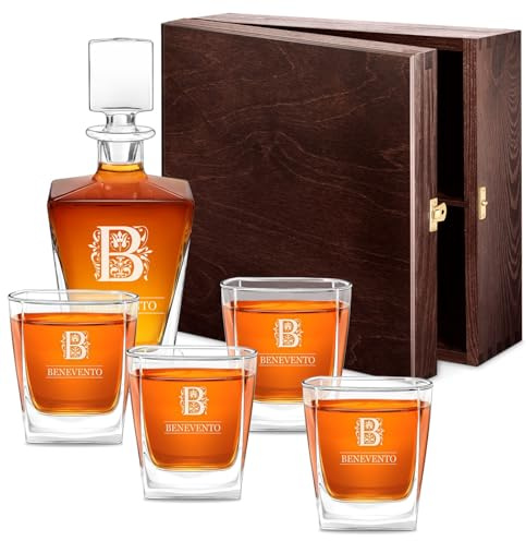 Maverton caraffa per whisky + 4/6 bicchieri con incisione | Decanter per whisky in vetro da 800 ml, Incisione personalizzata, Set per il whisky per Lui per compleanno, Cognome