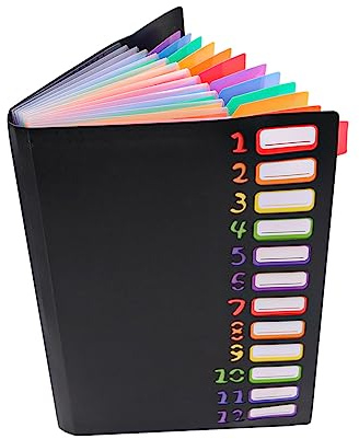Hsthe Sea Dokumentenmappe A4, Tragbar Fächermappe mit 12 Fächern, PP Kunststoff Ordnungsmappe Pultordner mit Gummizug, Wasserdicht, für Schule Bürobedarf(schwarz)