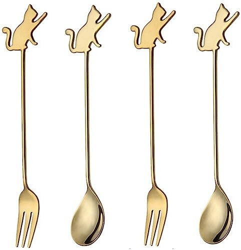 Wudaizhi Pastry Fork and Tea Spoon Set 4pcs Cat Stainless Steel Dessert Forks Spoons Mini Cake Spoon Dessert Fork