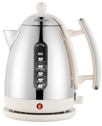 Dualit Lite 1.5L Jug Kettle - Polished Stainless Steel with Black Trim | Fast Boiling, Non-Drip, Dual Measuring Windows, 3kW, 230V, Canvas White