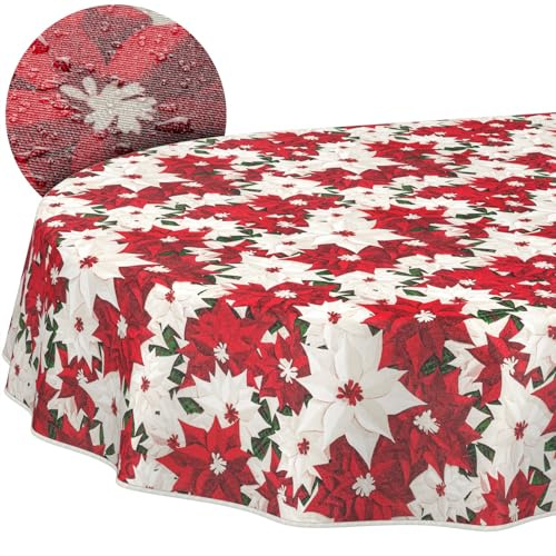 ANRO Tischdecke abwaschbar Weihnachtsblumen mit Saum oval 200x140 cm | mit Saum eingefasst – ideal für Garten, Terrasse & Esszimmer – Gartentischdecke wetterfest – waschbar bei 30 °C