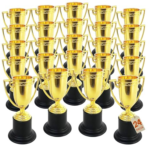 Playbees Plastic Golden Cup Trophy for Kids - 24 Pack - 4 Inch Achievement Prize Awards - Ideal Recognition for School, Sports, Office, Carnival Games - Party Favors, Decor, Props - Motivational
