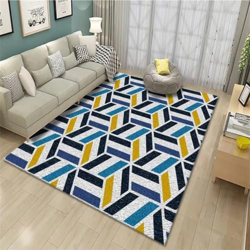 Kunsen Carpet Bedroom Modernes, geometrisches, rutschfestes Wohnzimmer aus Samt in Weiß und Gelb kurzflor Teppich grau Blau Flickenteppich läufer flur80X140CM