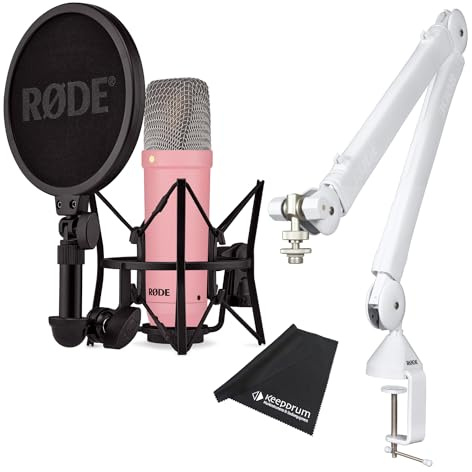 Rode NT1 Signature Pink Studio-Mikrofon Rosa + PSA1 W Plus Gelenkarm-Stativ White + keepdrum Mikrofasertuch