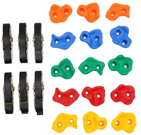MooBeey 15 Stück Mehrfarbige PE Klettergriffe mit 6 Ratschengurte, Felswände Kletterwandgriffe Set mit Zubehör für die Montage, DIY Kletterwand Handgriffe Klettersteine für Indoor Outdoor