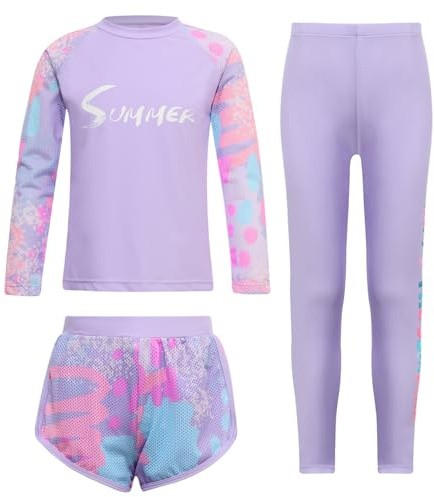 Runhomal Costume da bagno 3 pezzi adolescente ragazza bambino anti UV t-shirt da bagno Rashguards Surf manica lunga pantaloni da bagno pantaloncini sportivi nuoto vacanza, viola., 3-4 Anni