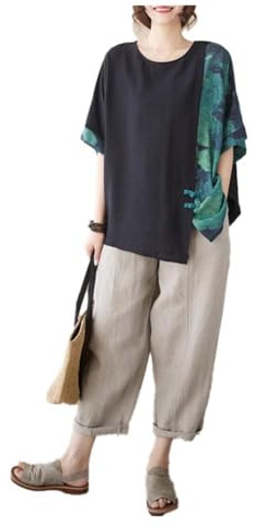 Hanfu - Blusa casual de lino de verano con manga 3/4, cuello redondo, ropa tradicional china con botones de rana china, A1 - M multicolor, M