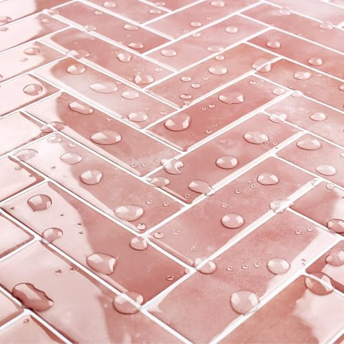 Livelynine Credence Adhesive pour Cuisine Rose Effet Chevrons Carrelage Adhesif Mural Salle de Bain Rose Poudré 3D Impermeable Dalle PVC Adhesive Murale Salle de Bain WC Cheminée 30x30CM, 4 Dalles
