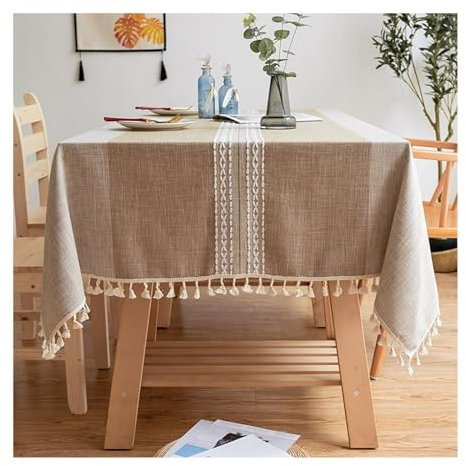Epinki Tischwäsche 90x90CM, Tischdecke Streifen mit Quaste Polyester, Tischdecken für Biertische Wasserabweisend für Drinnen Draussen Garten Esszimmer Party und Festen, Kaffee
