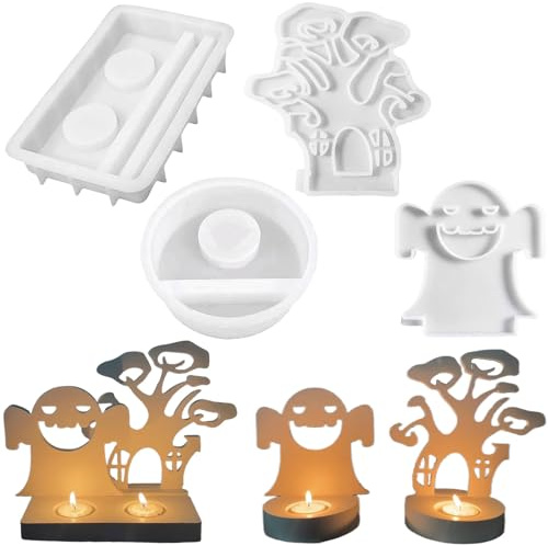 ALEFBET Silikonformen Gießformen, Silikonform Kerzenhalter Halloween, Kerzenhalter Teelichter DIY Set für Halloween Deko (Geist und Baum)