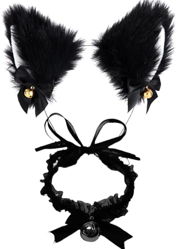 2 Stück Cat Ears, Katzenohren Haarreif, Katzenkostüm, Berkelen Katzenohren Haarreif, Cat Ears Stirnband Glöckchen Halskette, Katze Cosplay Set Katze Ohr Stirnband, Haarband Cosplay Katzenohren