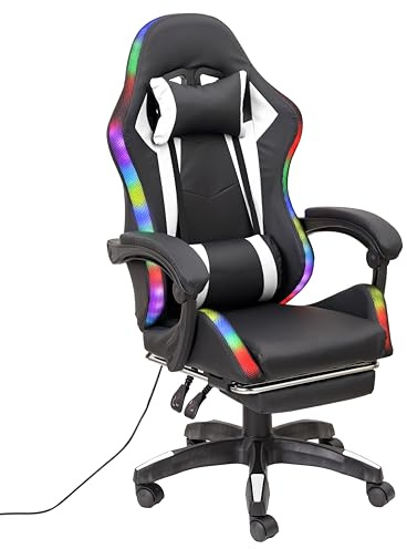 Baroni Home Silla Gaming Ergonómica con Cojín Lumbar, Luces LED Regulables y Reposapiés Extraíble, Silla de Oficina con Respaldo Inclinable y Altura Regulable, Led Blanco, 68x66x125-133 cm