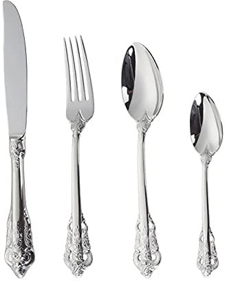UHJKLA Besteckset, Vintage-Silberbesteck, 24-teilig, 18/10 Edelstahl, europäischer klassischer Stil, Geschirrset, Blumengravur, Griff, Besteckdekoration