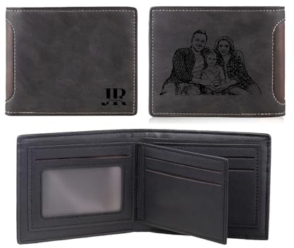 kaululu Personalisierte Geldbörse Herren mit Foto Portemonnaie mit Gravur Faltbare Geldbörse mit Karte Ausweis Bargeldhalter für Papa Ehemann Personalisierte Geschenk für Männer (Dunkelgrau)