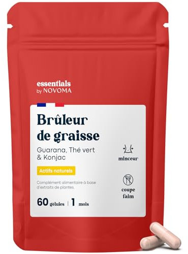Bruleur de Graisse Puissant, Formule Minceur avec Guarana, Thé Vert & Konjac, Coupe Faim Naturel, Complément Perte de Poids, Cure de 1 mois, 60 Gélules, Fabriqué en France, Essentials by Novoma