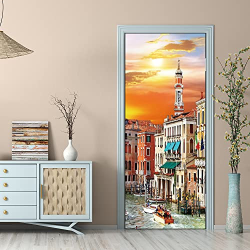 Trompe l'oeil Adesivi per Porte Carta Parati Porta Sticker Murale Poster Adesivi per Porte Interne Autoadesiva Impermeabile Fotomurali Wallpaper Decorazione da Parete 95x215 Venezia Città d'Acqua