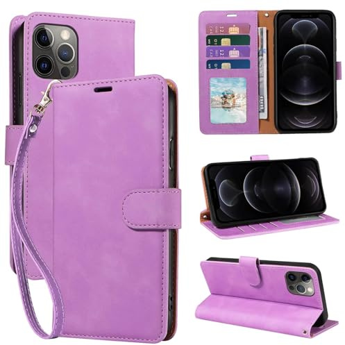 GOTOURED RFID Blocking Flip Wallet Case for iPhone 12/12 Pro (Purple) | Premium PU leather, 4 card slots, detachable wrist strap, secure magnetic closure, kickstand, shockproof, phone Case cover