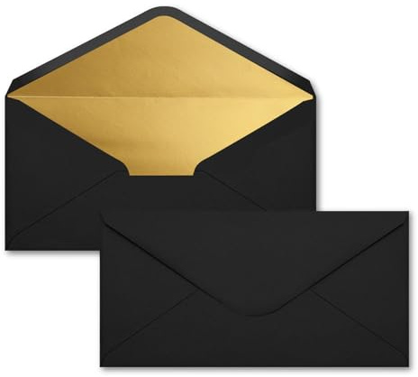 AMFUN 30PCS Umschläge, 220x110mm Brief-Umschläge Nassklebung Ohne Fenster mit Gold-Metallic Innen, Briefumschlag mit Nassklebung für Geburtstagskarten Einladung Grußkarten (Schwarz)