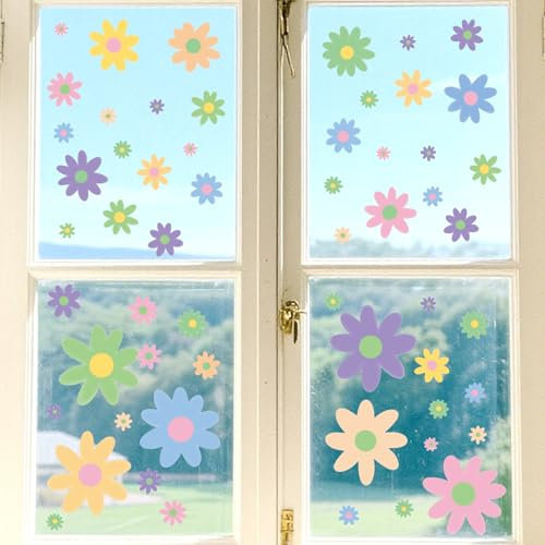 Gosknor 138pcs Colorful Daisy Window Clings, Flowers Window Clings Double-Sided Spring Decals Boho Floral Stickers for Home Office Shop Classroom Decor