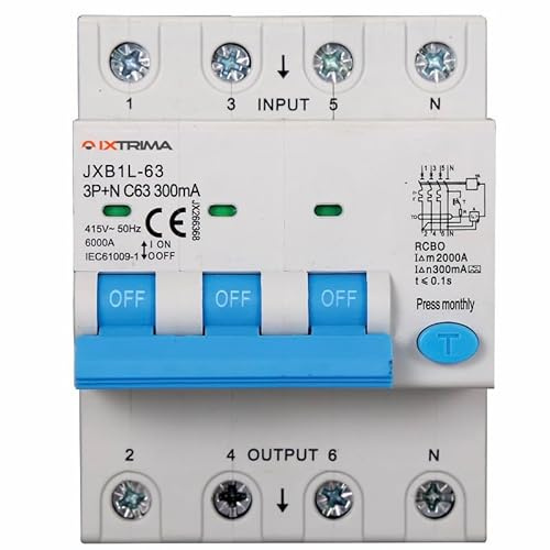IXTRIMA Interruttore Magnetotermico Differenziale 3P+N 63A 300mA 380V-6KA CLASSE A 300mA per Guida DIN - 4 Moduli DIN - Protezione Circuiti e Sicurezza Impianti