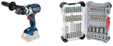Bosch Professional 18V System Cordless Combi Drill GSB 18V-110 C (max. Torque of 110 Nm, incl. Aux. Handle, Without Battery/Charger) + 43x Extra Hard Screwdriver Bit Set (197 x 110.5 mm, Accessories)