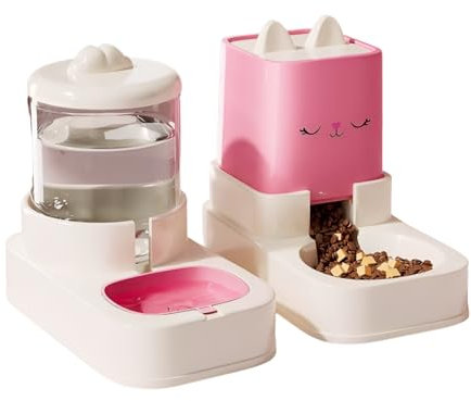 Belijoeuri, dispenser crocchette gatto,distributore cibo gatti, 2 ciotole con erogatore d'acqua 2,2 l + 1,8 l (rosa)