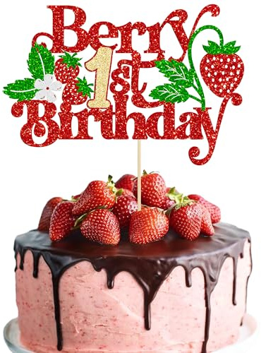 Gyufise 1 decoración para tarta de primer cumpleaños con purpurina para primer cumpleaños, fresa, una púa de pastel para temática de fresas, baby shower, niños, fiesta de primer cumpleaños