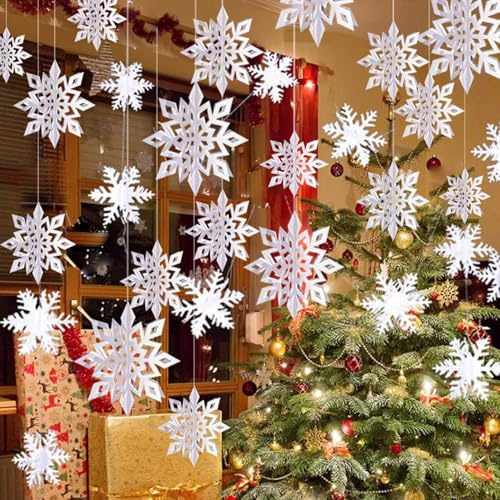 12 guirnaldas de copo de nieve 3D para colgar con cuerda para decoración navideña, decoraciones de árbol de Navidad, decoración de copos de nieve colgantes, decoración de invierno