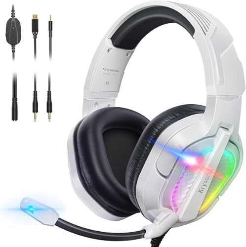 Krysenix PG2 RGB Gaming Headset für PS4, PS5, PC, Xbox, Nintendo Switch, Headset mit Mikrofon, Gaming Kopfhörer mit Mikrofon, Noise Cancelling Kopfhörer mit 3.5mm Klinke Weiß