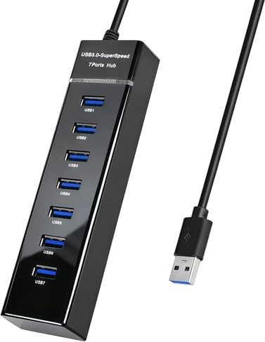 7 Port USB Hub 3.0 with 1.2m Cable, USB Multiport Adapter Extension for Laptop Desktop, High Speed 5Gbps Data Transfer Compatible with USB 3.0 2.0 1.1 Devices for PCs Printers HDDs XBOX PS4 and More