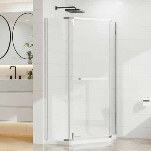 Goodyo Neo-Angle Corner Shower Enclosure, Clear Tempered Glass, 36 W X 36 D X 72 H, Frameless Pivot Shower Door, Stainless Steel Hardware, Chrome Finish
