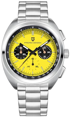 Pagani Design 1782 Montre à Quartz Vintage pour Hommes Mouvement VK63 Bracelet en Cuir Acier Inoxydable étanche Chronographe analogique Multifonction (Jaune-Acier Inoxydable)
